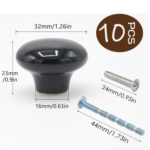 10-Pack Ceramic Cabinet Knobs Black 32mm Round Drawer Pull - color: Black