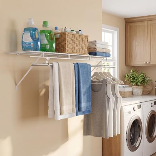 COSTWAY Closet Shelves Wall Mounted, Ventilated Shelf with Hanging Rod | Metal Wire Shelving Kit, Wire Wall Shelf for Laundry Room, Bedroom, Home, Mounting Accessories Included (4 ft x 12 in) - size: 4 ft x 12 in