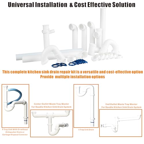 Kitchen Sink Drain Kit,1-1/2”,for Most Kitchen Sink Drain Repair Kit and Bathroom Sink Drain Kit, Kitchen Sink P Trap Drain Kit 1 1/2” for Sink Plumbing Kit, Completed Sink Pipe Replacement Kit