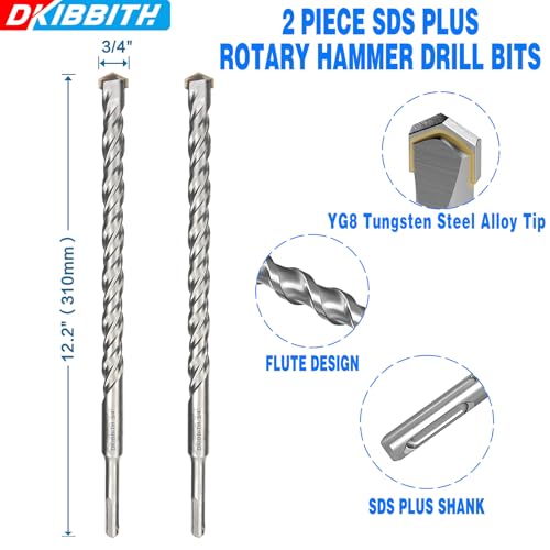 2-Pack SDS Plus Masonry Drill Bits 3/4 Inch x 12 Inch Long Rotary Hammer Drill Bits Carbide Tipped for Concrete Brick Cement Stone Block. - size: 2 Pcs 3/4", style: 12"