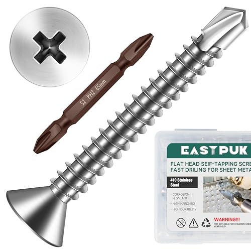 150pcs #10 x 1-1/2 Sheet Metal Self Tapping Screws Assortment Kit, 410 Stainless Steel Flat Head High-Strength Fast Self-Drilling Screws, Bright Finish - size: #10x1-1/2"