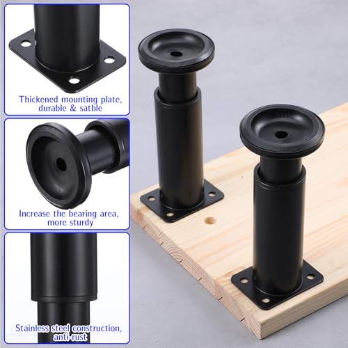 4PCS Metal Adjustable Furniture Legs, 4.7-7.4 Inch Cabinet Legs Extension, Heavy Duty Black Support Replacement Leg for Bed Couch Dresser Chair Coffee Cabinet Table, Thicked Furniture Feet Set