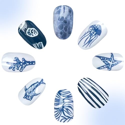 Summer Press On Nails Short Almond Blue White with Ocean Life Whale Shark - color: Style6