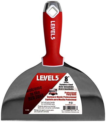 8" Soft-Grip Stainless Steel Drywall Joint Knife - LEVEL5 | Pro-Grade | Comfortable Finishing Hand Tool | Metal Hammer End | Sheetrock Gyprock Plasterboard Mud | 5-144 - size: 8"