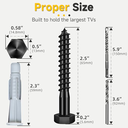 Mywish TV Mount Screws Kit, Lag Bolts for TV Wall Mount with 2X Drill Bits, M8x65 Lag Screws, 10x59 Wall Anchors, Washers, Bubble Level for Wood Stud Brick Concrete Drywall, TV Mounting Hardware Kit