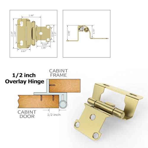 Chibery 10 Pack | 1/2 inch Overlay Semi Partial Wrap Around Cabinet Hinges, Self Closing Face Frame Variable Decorative Replacement, Kitchen Hardware, with Screw & Quiet Bumper (Brass Gold) - color: Gold