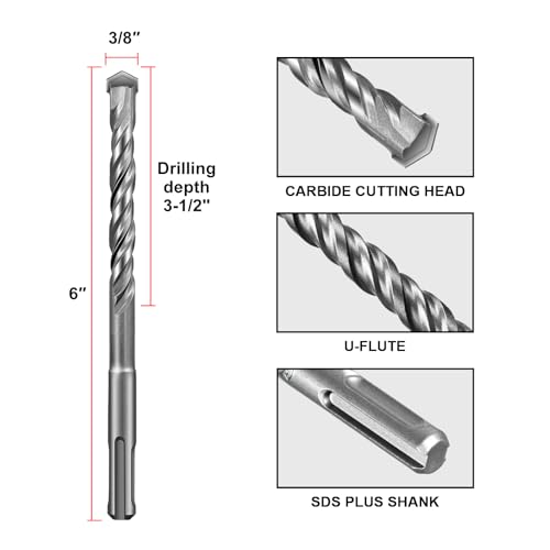 SALI Rotary Hammer Drill Bits 3/8"*6" 10 Pcs Rotary Hammer Drill Bits Concrete Masonry Hole Tool with Storage Case for Concrete, Stone, Brick - size: 3/8"*6"