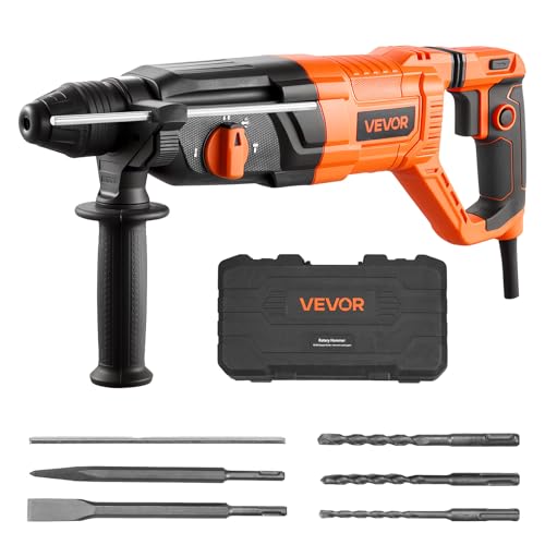VEVOR Rotary Hammer Drill, 1-1/8 in SDS-Plus Electric Corded Heavy Duty Rotary Hammer, 4 Functions, Including 3 Drill Bits, Flat Chisel, Pointed Chisel, and Carrying Case, for Concrete and Masonry - size: 1-1/8 in