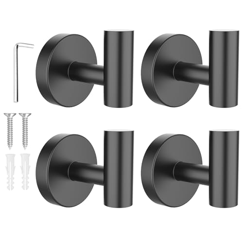 SetSail Towel Hooks for Bathrooms 4 Packs Screw-in Matte Black Bathroom Towel Hook Wall Mounted Stainless Steel Shower Towel Hooks for Coat Hanging, Drill Hole - color: Matte Black