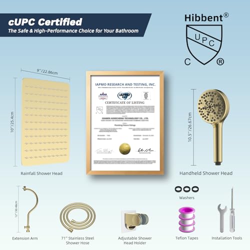 Hibbent All Metal cUPC Certified High Pressure Rainfall 10'' Shower Head - color: Brushed Gold, style: Square 10''