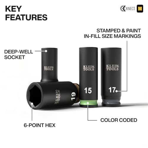 Klein Tools 65109IMPCTM KNECT Deep-Well 3/8-Inch Drive Impact Socket Set, Metric, 9-Piece Tool Set with Impact Driver Adapter, Multi-Purpose Wrench Adapter, Color-Coded, MODbox Socket Organizer - style: 9-Piece Metric Set