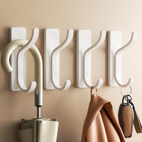 Adhesive Wall Hooks for Towel/Coat,13Lb Strong Stick-On Hooks, White 4 Pack - color: White, size: 4 Pack