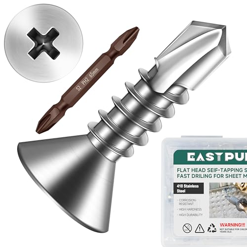 500pcs #8 x 5/8 Sheet Metal Self Tapping Screws Assortment Kit, 410 Stainless Steel Flat Head High-Strength Fast Self-Drilling Screws, Bright Finish - size: #8x5/8"