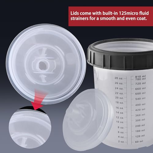Disposable Paint Mixing Cup 27 Ounce (800ml) Kit,HVLP Paint Sprayer Gun Mixing Cups with 10 Cups and Lids System, 2 Plugs and 1 Hard Cup with Retainer Ring,Paint Stirrer (10)