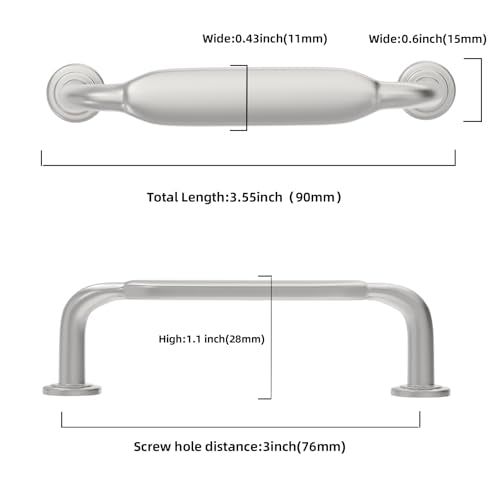10 Pack 3 Inch Cabinet Pulls Brushed Satin Nickel Kitchen Handles Zinc Alloy Drawer Pulls Solid Hardware - color: Brushed Satin Nickel, size: 3'' Hole Center(76mm)