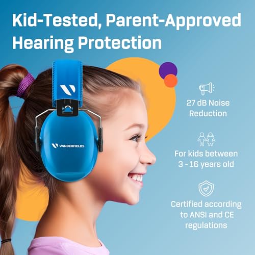 Kids Noise Canceling Headphones - 33 dB (2K Hz) - Ear Protection Earmuffs | Vanderfields' earmuffs protect child's hearing with certified noise-cancellation, soft ear cushions, and adjustable headband - color: Blue