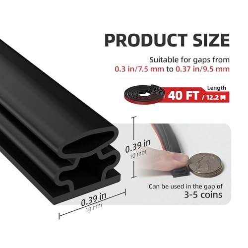 Black D-Shape Weather Stripping 40Ft (Fits 0.3–0.4in Gaps) - color: Black, size: 0.39" Thick x 40 Ft