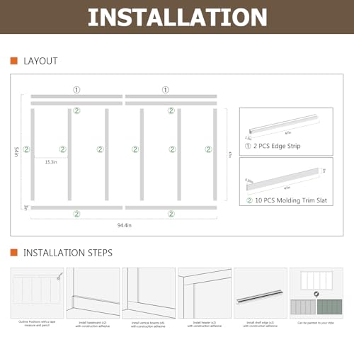 Board and Batten Wall Panel Kit,Paintable Wainscoting Panels Easy Install for Bedroom Living Room Hallway, Covers 94" x 54" Molding Trim Slat with Edge Strip, Paintable White