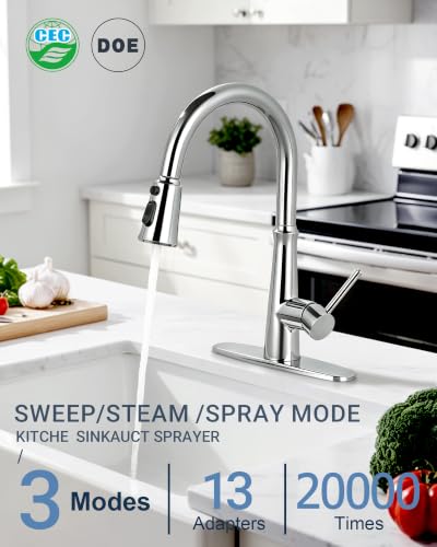 WOWOW Kitchen Faucet Head Replacement – 304 Stainless Steel 3-Mode Pull Down Spray Head with 13 Adapters, Compatible with Moen Delta Kohler American Standard, Easy DIY Install, Chrome - color: Chrome