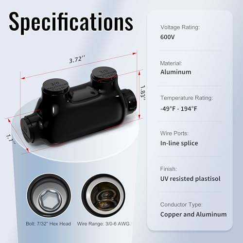 RVBOATPAT Insulated Inline Splice Connector 3/0-6 AWG Black Electrical Cable Connectors 7/32" Slotted Allen Hex Aluminum to Copper Wire Connectors - 6 Pack - color: 3/0-6 AWG