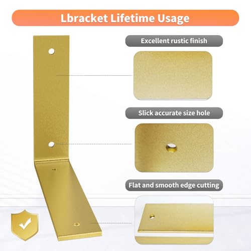 Gold Heavy Duty Shelf Brackets 4 Inch, Rustic Gold Iron L Shelf Bracket, Industrial Modern Metal Floating Shelf with Hardware for DIY Open Shelving, 4 Pack - color: Gold, size: 4 Inch