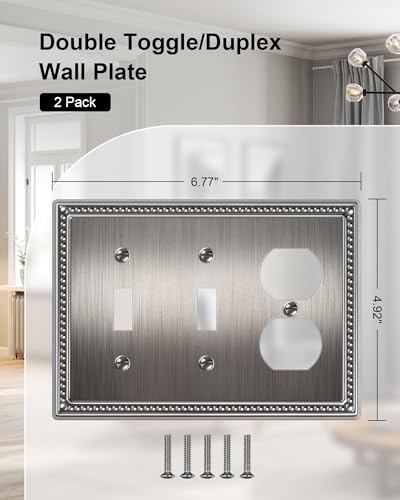 2-Pack Combo Duplex/Double Toggle Light Switch Cover Plate, Heirloom Silver - color: Heirloom Silver, size: Double Toggle/Single Duplex 2PK