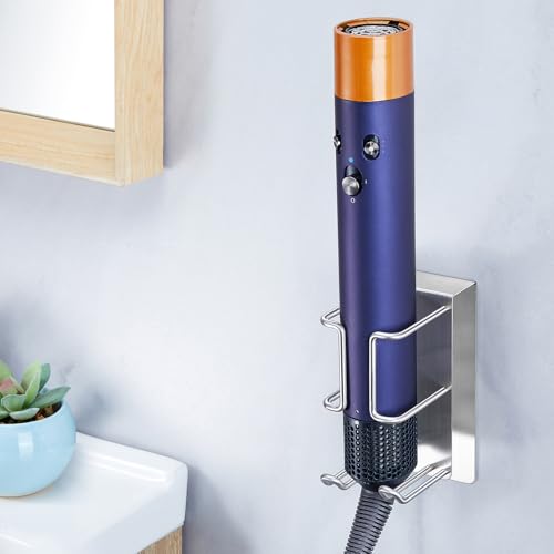 Hair Dryer and Straightener Holder Wall Mounted, Curling Iron Holder Adhesive, Blow Dryer Holder Wall, Bathroom Hair Tool Organizer for Flat Irons,Curling Wands,Styling Tools (Silver, 1Pc)