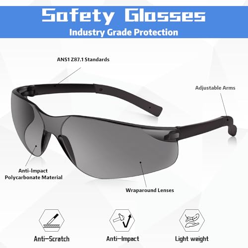 Tinted Safety Glasses Bulk of 50, ANSI Z87.1 Eye Protection Goggles | Anti-Impact, Anti-Scratch, Lightweight Polycarbonate Lenes, Bulk Safety Glasses for Woodworking, Carpentry, Road Maintenance - color: 118-50pc Grey