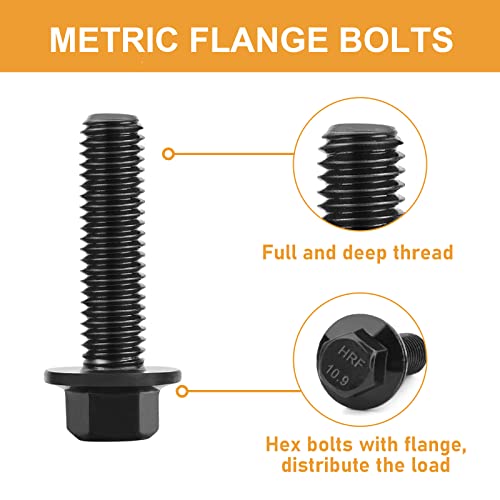VIGRUE 125PCS M8-1.25 x 16/20/25/30mm Hex Flange Bolts Nuts Washers Kit, Metric Bolt and Nut Assortment, Black Assorted Nuts and Bolts, Full Coarse Thread, Class 10.9 Alloy Steel - size: M8-1.25