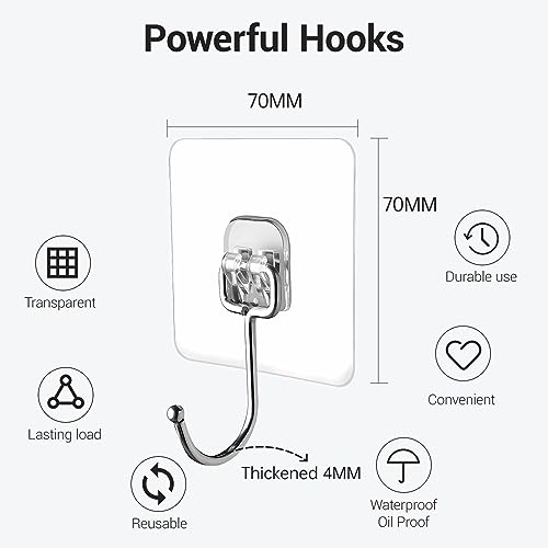 Large Adhesive Hooks, 18 Pack Hold 44lb(Max) Heavy-Duty Sticky Hooks,Waterproof & Rustproof Wall Hook for Hanging Can be Use Kitchen Bathroom Outdoor Ceiling Office, Transparent