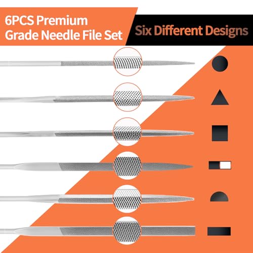 KUZURYU 6-Piece Metal Needle File Set - Hardened Alloy Steel Includes Flat, Warding, Square, Triangular, Round, and Half-Round Files - size: Needle File-6PCS