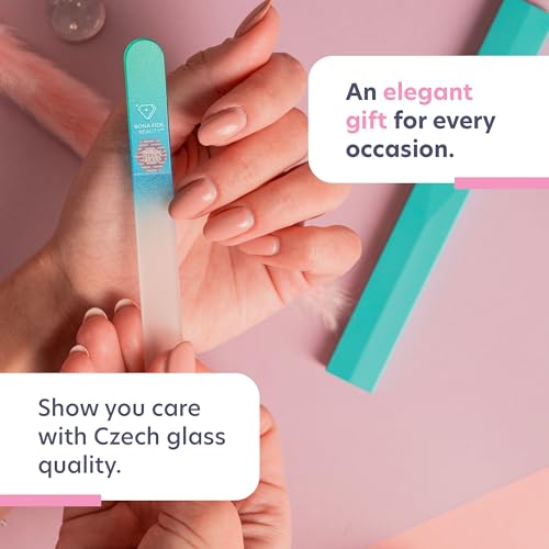 Bona Fide Beauty Glass Nail File with Case (Aqua), Fine Grit Etched File | Genuine Czech glass nail file for natural nails, etched fine grit nail filer, gentle nail care, reusable nail file - color: Aqua
