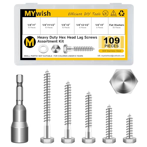 Mywish 1/4 Hex Head Lag Screws Assortment Kit, 109Pcs Heavy Duty Lag Bolts with Washers, 304 Stainless Steel Bolts 18-8 5-Size Wood Screws for Outdoor, Bright Finish 1/4 Bolt - size: 1/4 Assorted Kit