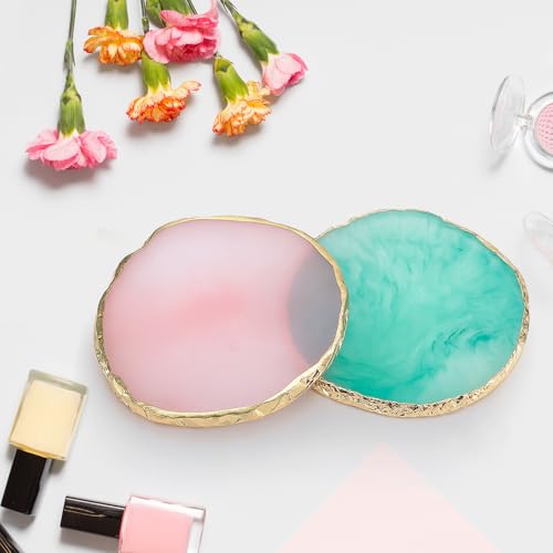 2 Pcs Resin Nail Art Palette Set, Green Pink, Gold Edge - color: Pink, Green