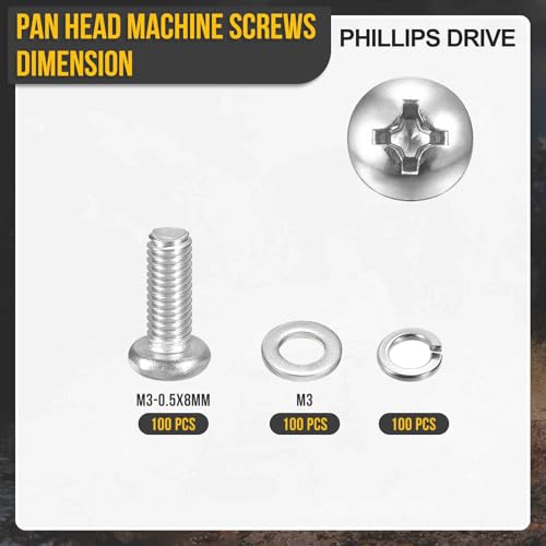 DTGN M3-0.5x8 Phillips Pan Head Machine Screw W/Washer 304 Silver 300pcs - size: M3-0.5x8mm