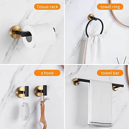 Bathroom Hardware Set Black and Gold，Towel Bar Set Including 2pcs 16inch Towel Bars, 2pcs Toilet Paper Holders, 2pcs Towel Rings and 4pcs Robe Towel Hooks - color: Black Gold-10pcs-16inch
