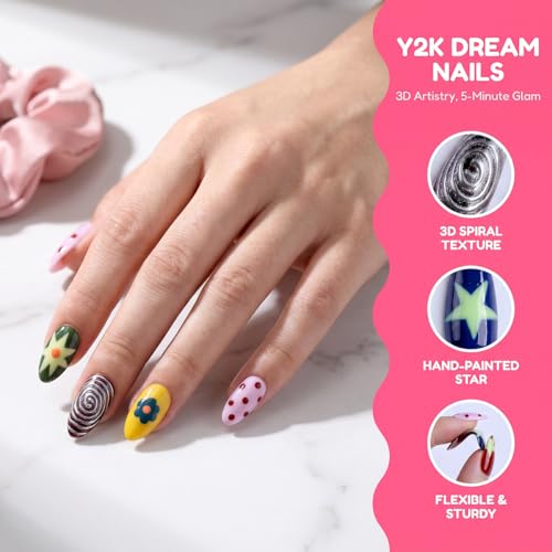 Short Almond Press On Nails Colorful with Y2K Star Swirl Polka Dot Flowers - color: Style27