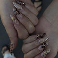 LPOODDNU Brown Almond Press on Nails - Medium Leopard Fake Nails with 3D Gold&Flower Designs, Glossy Finished Reusable False Nails with Double Adhesive Glue Tabs - 24Pcs Nail Kit for Women Manicure - color: brown leopard flower