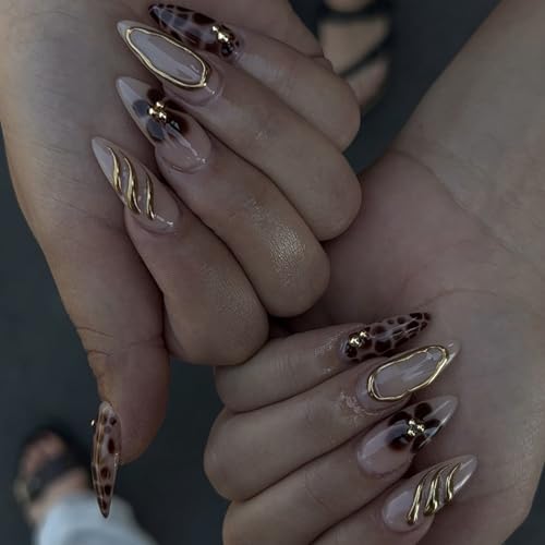 LPOODDNU Brown Almond Press on Nails - Medium Leopard Fake Nails with 3D Gold&Flower Designs, Glossy Finished Reusable False Nails with Double Adhesive Glue Tabs - 24Pcs Nail Kit for Women Manicure - color: brown leopard flower