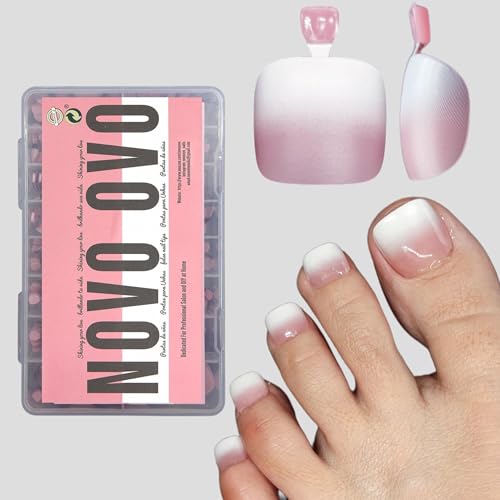 NOVO OVO Fake Toe Nail Tips Press on, French Tip Soft Gel Toenail Extension, BERRY OMBRE Square Round Pre-applied Tip Primer & Base Coat, Full Cover Matte False Nails for DIY x 15 Sizes 360Pcs - color: Square Round French Tip Berry Ombre
