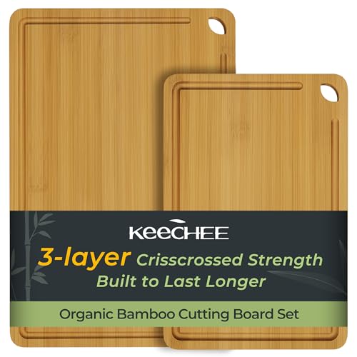 Keechee Chopping Board Duo 2-Pcs Natural Bamboo With Juice Channels & Knife-Friendly Finish For Versatile Kitchen Use(2Pcs) - color: Bamboo, size: 2-Piece