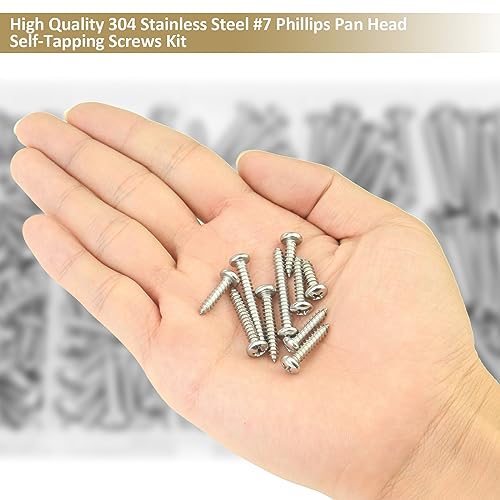 147 Pieces #7 x 1/2" 5/8" 3/4" 1" 1-1/4" Phillips Pan Head Self-Tapping Screws, Wood Screws Assortment Kit, 304 Stainless Steel - size: #7