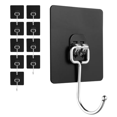 Adhesive Wall Hooks, Heavy Duty Black Sticky Hooks, 10 Pack - color: Black