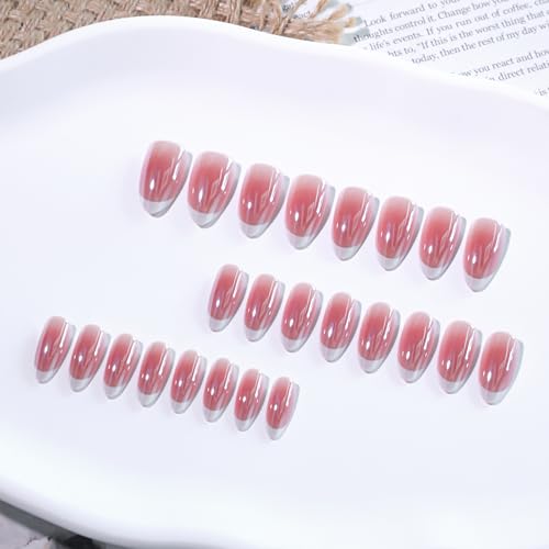 Blush French Tip Chrome Acrylic Press On Nails Medium Almond, Salon Quality. Designer Reusable Glazed Glossy False Nails for Weddings, Perfect for Spring | Women's Beauty Stick-On Nails - color: Chrome French Medium Almond-0704, size: 24 Pieces (Pack of 1