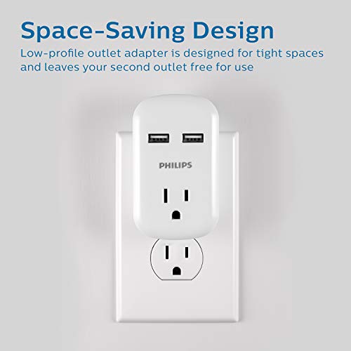 Philips Outlet Extender with 2 USB Ports, 3 Prong Wall Adapter