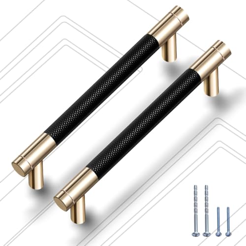 12 Pack 5 Inch 128 mm Knurled Cabinet Handles Cabinet Pulls Aluminum Handles Pulls Gold and Black Oxidation Finish with Diamond Pattern 6" Length (5" Hole Center) - color: Gold and Black, size: 5 Inch