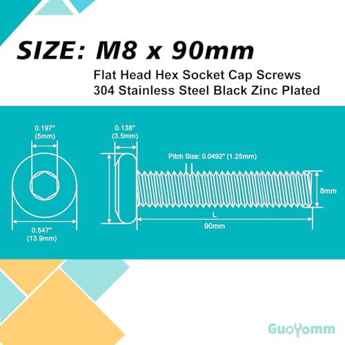 M8 x 90mm 8Pcs Flat Head Hex Socket Cap Screws, 304 Stainless Steel 18-8, Black Zinc Plated, Connection Furniture Bolts, Full Thread - size: M8 x 90mm(10PCS)
