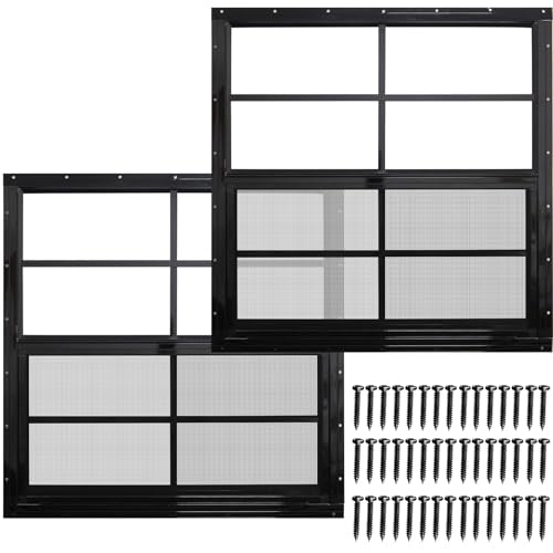 NeatiEase 2 Pack Shed Windows with Black Frame, 24 x 24 Flush Mount Small Window with Tempered Glass and Fiberglass Screen for Shed, Chicken Coop, Playhouse, Household, Garage - color: Black, size: 24"x24"