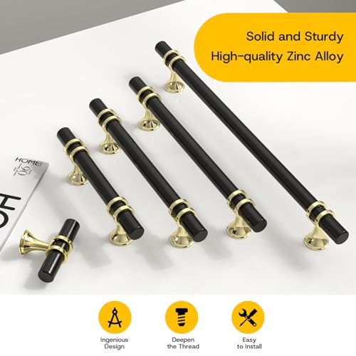 Rergy 10 Pack 3-3/4 Inch Hole Center Black and Gold Cabinet Handles - color: Black&Gold, size: 3-3/4in Hole Center(96mm)
