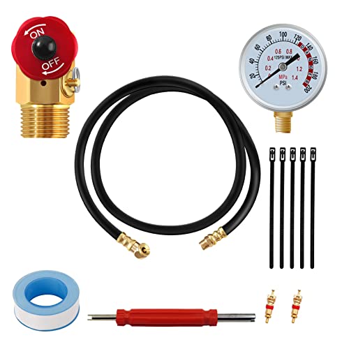 12Pc Air Tank Repair Kit, SUNROAD Air Tank Hose Assembly Kit Come with Pressure Gauge, Air Hose Connect, Aluminum Knob Air Tank Manifold,Reuseable Cable Tie,Valve Core Tool and Valve Cores